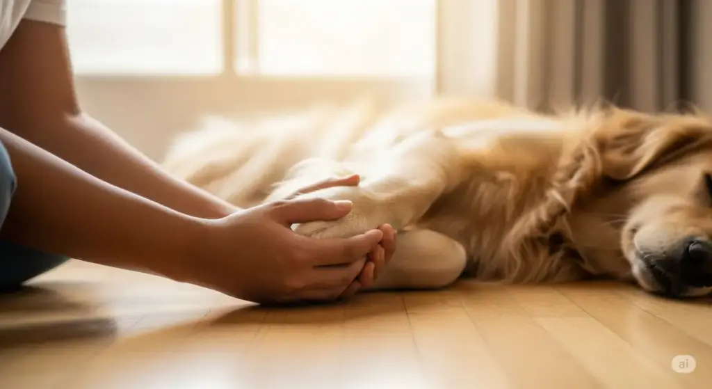 日差しが差し込む温かい部屋で、飼い主が愛犬(ゴールデンレトリバー)の手を優しく包み込んでいる。犬と人の深い信頼関係を象徴するトップ画像