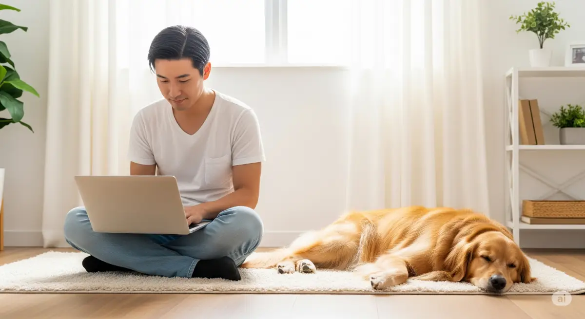 愛犬のために信頼できる情報をノートパソコンで真剣に調べる飼い主の日本人男性。傍らではゴールデンレトリバーが安心した様子で眠っている。