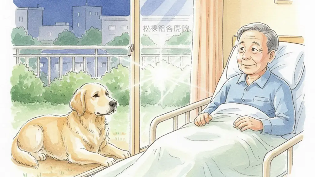 窓ガラス越しに見つめ合う名誉院長と愛犬のゴールデンレトリバー（イメージイラスト）